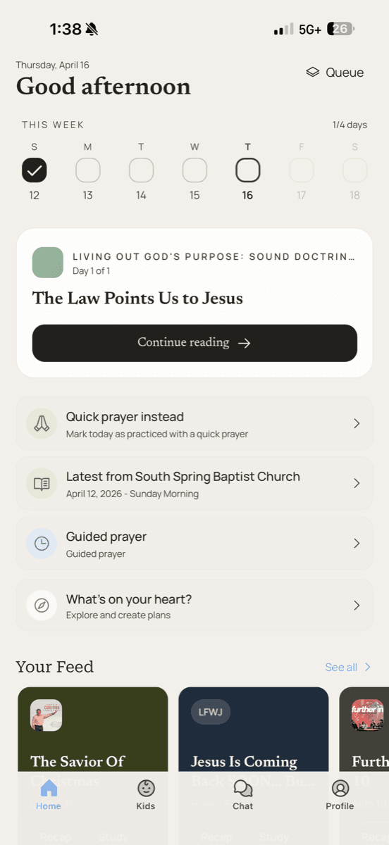 Shep app home screen showing daily devotional and weekly progress tracker